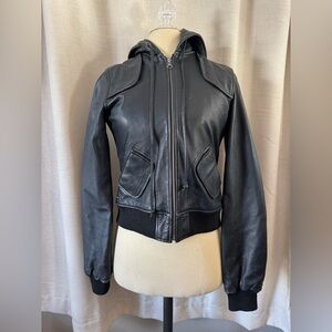 Vintage Havana Black Leather Jacket with Hood